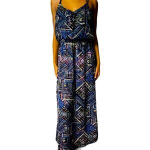 Blue Abstract Print Maxi Dress with Racerback